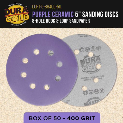 Premium 400 Grit 5" Purple Film Ceramic Sanding Discs, 8-Hole Pattern, Box of 50 - Dustless Hook & Loop Backing Sandpaper for DA & Random Orbital Sanders - Sand Auto Paint, Wood, Woodworking