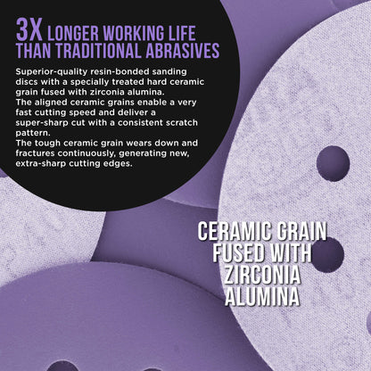 Premium 400 Grit 5" Purple Film Ceramic Sanding Discs, 8-Hole Pattern, Box of 50 - Dustless Hook & Loop Backing Sandpaper for DA & Random Orbital Sanders