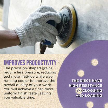 Premium 400 Grit 5" Purple Film Ceramic Sanding Discs, 8-Hole Pattern, Box of 50 - Dustless Hook & Loop Backing Sandpaper for DA & Random Orbital Sanders