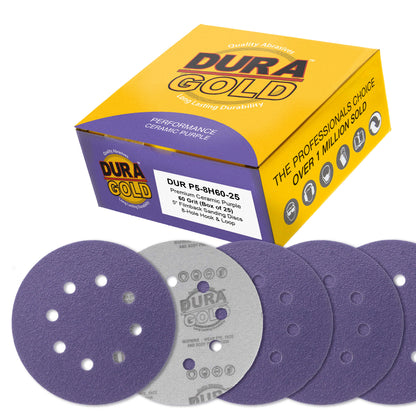 Premium 60 Grit 5" Purple Film Ceramic Sanding Discs, 8-Hole Pattern, Box of 25 - Dustless Hook & Loop Backing Sandpaper for DA & Random Orbital Sanders