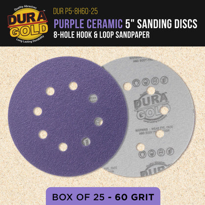 Premium 60 Grit 5" Purple Film Ceramic Sanding Discs, 8-Hole Pattern, Box of 25 - Dustless Hook & Loop Backing Sandpaper for DA & Random Orbital Sanders