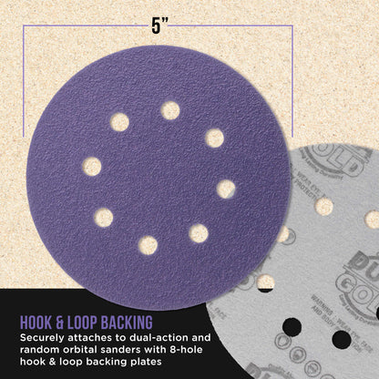 Premium 60 Grit 5" Purple Film Ceramic Sanding Discs, 8-Hole Pattern, Box of 25 - Dustless Hook & Loop Backing Sandpaper for DA & Random Orbital Sanders