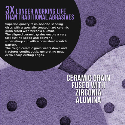 Premium 60 Grit 5" Purple Film Ceramic Sanding Discs, 8-Hole Pattern, Box of 25 - Dustless Hook & Loop Backing Sandpaper for DA & Random Orbital Sanders