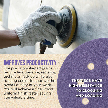 Premium 60 Grit 5" Purple Film Ceramic Sanding Discs, 8-Hole Pattern, Box of 25 - Dustless Hook & Loop Backing Sandpaper for DA & Random Orbital Sanders