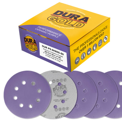Premium 600 Grit 5" Purple Film Ceramic Sanding Discs, 8-Hole Pattern, Box of 50 - Dustless Hook & Loop Backing Sandpaper for DA & Random Orbital Sanders