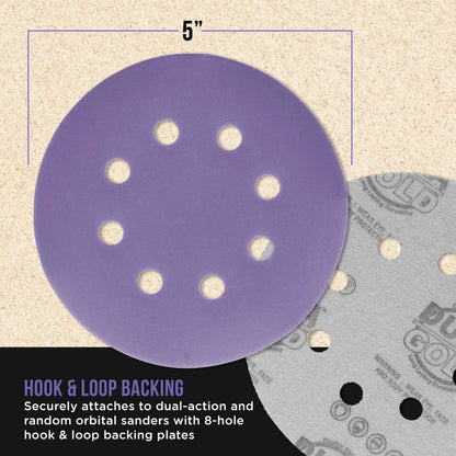 Premium 600 Grit 5" Purple Film Ceramic Sanding Discs, 8-Hole Pattern, Box of 50 - Dustless Hook & Loop Backing Sandpaper for DA & Random Orbital Sanders