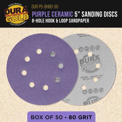 Premium 80 Grit 5" Purple Film Ceramic Sanding Discs, 8-Hole Pattern, Box of 50 - Dustless Hook & Loop Backing Sandpaper for DA & Random Orbital Sanders