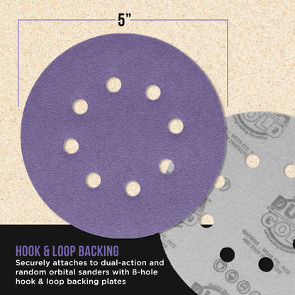Premium 80 Grit 5" Purple Film Ceramic Sanding Discs, 8-Hole Pattern, Box of 50 - Dustless Hook & Loop Backing Sandpaper for DA & Random Orbital Sanders