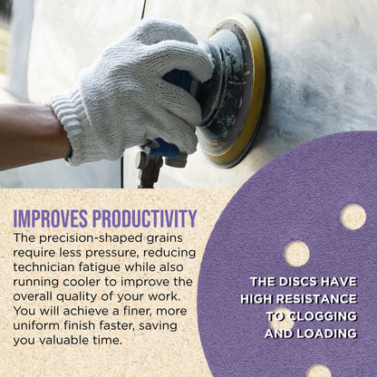 Premium 80 Grit 5" Purple Film Ceramic Sanding Discs, 8-Hole Pattern, Box of 50 - Dustless Hook & Loop Backing Sandpaper for DA & Random Orbital Sanders
