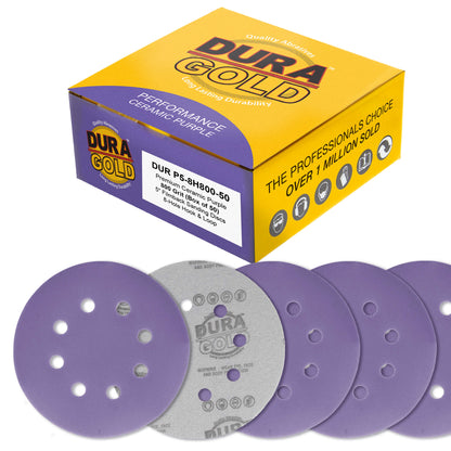 Premium 800 Grit 5" Purple Film Ceramic Sanding Discs, 8-Hole Pattern, Box of 50 - Dustless Hook & Loop Backing Sandpaper for DA & Random Orbital Sanders