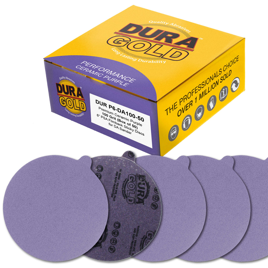 Premium 100 Grit 6" PSA Purple Film Ceramic Sanding Discs, Box of 50 - Self Adhesive Stickyback Sandpaper for DA & Random Orbital Sanders