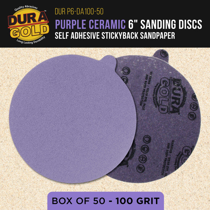 Premium 100 Grit 6" PSA Purple Film Ceramic Sanding Discs, Box of 50 - Self Adhesive Stickyback Sandpaper for DA & Random Orbital Sanders - Abrasive Sand Auto Paint, Metal, Wood, Woodworking