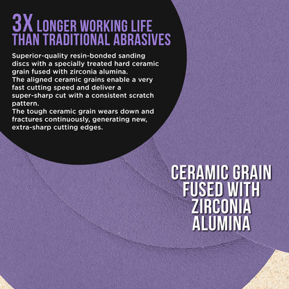 Premium 100 Grit 6" PSA Purple Film Ceramic Sanding Discs, Box of 50 - Self Adhesive Stickyback Sandpaper for DA & Random Orbital Sanders