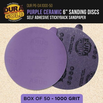 Premium 1000 Grit 6" PSA Purple Film Ceramic Sanding Discs, Box of 50 - Self Adhesive Stickyback Sandpaper for DA & Random Orbital Sanders