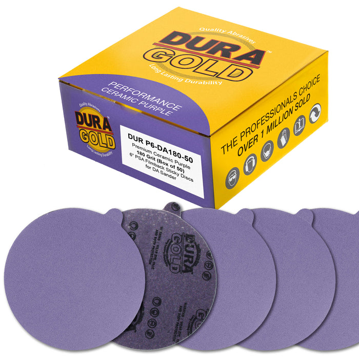 Premium 180 Grit 6" PSA Purple Film Ceramic Sanding Discs, Box of 50 - Self Adhesive Stickyback Sandpaper for DA & Random Orbital Sanders - Abrasive Sand Auto Paint, Metal, Wood, Woodworking