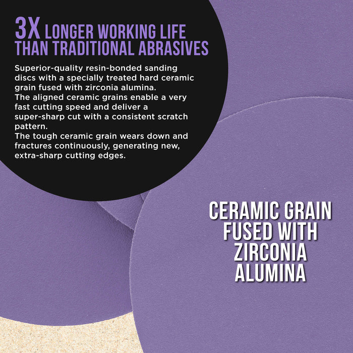 Premium 180 Grit 6" PSA Purple Film Ceramic Sanding Discs, Box of 50 - Self Adhesive Stickyback Sandpaper for DA & Random Orbital Sanders - Abrasive Sand Auto Paint, Metal, Wood, Woodworking