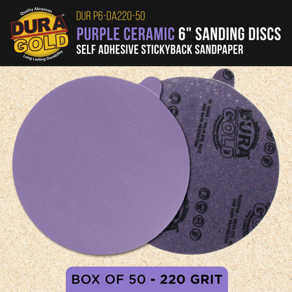 Premium 220 Grit 6" PSA Purple Film Ceramic Sanding Discs, Box of 50 - Self Adhesive Stickyback Sandpaper for DA & Random Orbital Sanders