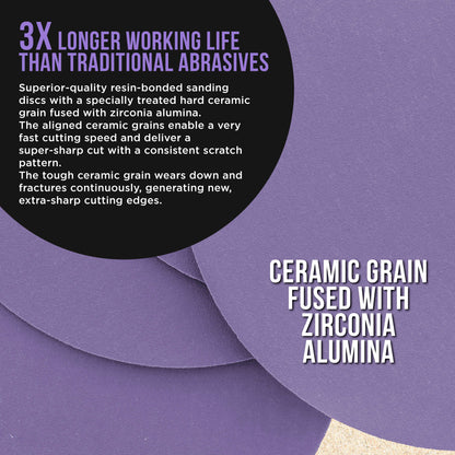 Premium 220 Grit 6" PSA Purple Film Ceramic Sanding Discs, Box of 50 - Self Adhesive Stickyback Sandpaper for DA & Random Orbital Sanders