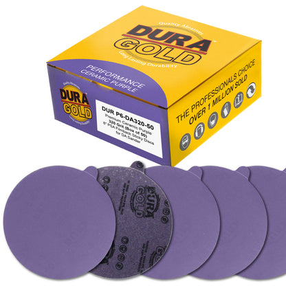 Premium 320 Grit 6" PSA Purple Film Ceramic Sanding Discs, Box of 50 - Self Adhesive Stickyback Sandpaper for DA & Random Orbital Sanders