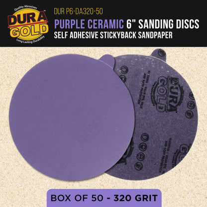 Premium 320 Grit 6" PSA Purple Film Ceramic Sanding Discs, Box of 50 - Self Adhesive Stickyback Sandpaper for DA & Random Orbital Sanders