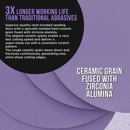 Premium 320 Grit 6" PSA Purple Film Ceramic Sanding Discs, Box of 50 - Self Adhesive Stickyback Sandpaper for DA & Random Orbital Sanders