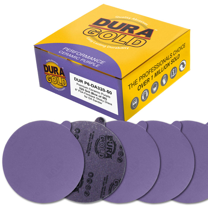 Premium 320 Grit 6" PSA Purple Film Ceramic Sanding Discs, Box of 50 - Self Adhesive Stickyback Sandpaper for DA & Random Orbital Sanders - Abrasive Sand Auto Paint, Metal, Wood, Woodworking