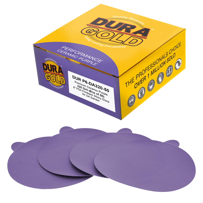 Premium 320 Grit 6" PSA Purple Film Ceramic Sanding Discs, Box of 50 - Self Adhesive Stickyback Sandpaper for DA & Random Orbital Sanders - Abrasive Sand Auto Paint, Metal, Wood, Woodworking