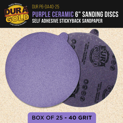 Premium 40 Grit 6" PSA Purple Film Ceramic Sanding Discs, Box of 25 - Self Adhesive Stickyback Sandpaper for DA & Random Orbital Sanders