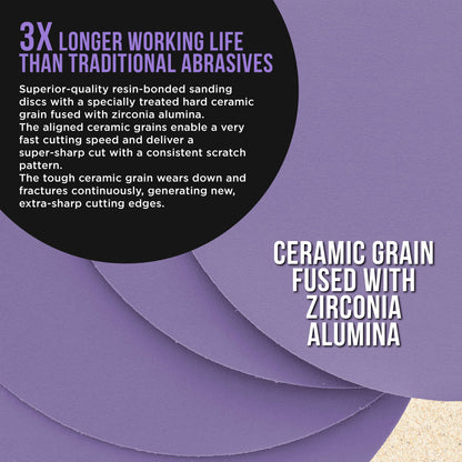 Premium 400 Grit 6" PSA Purple Film Ceramic Sanding Discs, Box of 50 - Self Adhesive Stickyback Sandpaper for DA & Random Orbital Sanders