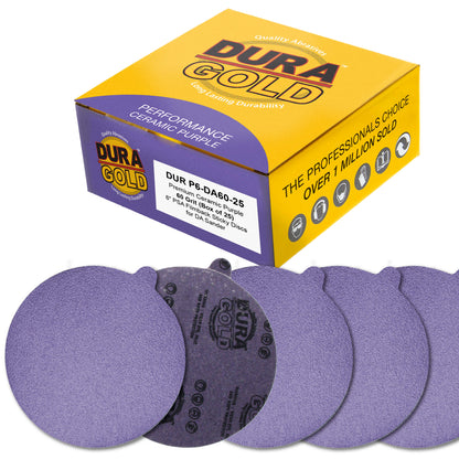 Premium 60 Grit 6" PSA Purple Film Ceramic Sanding Discs, Box of 25 - Self Adhesive Stickyback Sandpaper for DA & Random Orbital Sanders