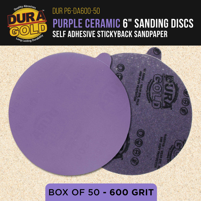 Premium 600 Grit 6" PSA Purple Film Ceramic Sanding Discs, Box of 50 - Self Adhesive Stickyback Sandpaper for DA & Random Orbital Sanders - Abrasive Sand Auto Paint, Metal, Wood, Woodworking