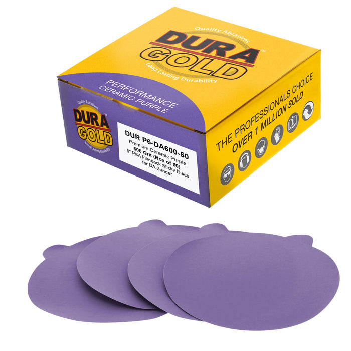 Premium 600 Grit 6" PSA Purple Film Ceramic Sanding Discs, Box of 50 - Self Adhesive Stickyback Sandpaper for DA & Random Orbital Sanders - Abrasive Sand Auto Paint, Metal, Wood, Woodworking