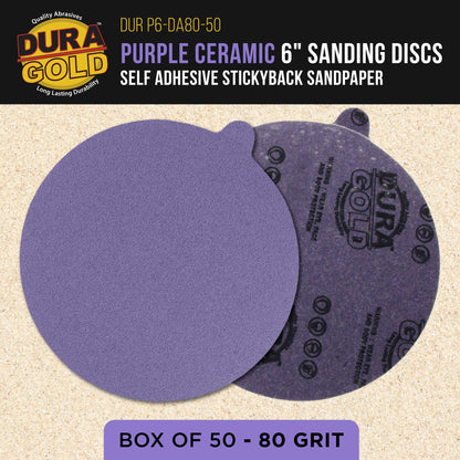 Premium 80 Grit 6" PSA Purple Film Ceramic Sanding Discs, Box of 50 - Self Adhesive Stickyback Sandpaper for DA & Random Orbital Sanders