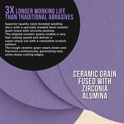 Premium 80 Grit 6" PSA Purple Film Ceramic Sanding Discs, Box of 50 - Self Adhesive Stickyback Sandpaper for DA & Random Orbital Sanders