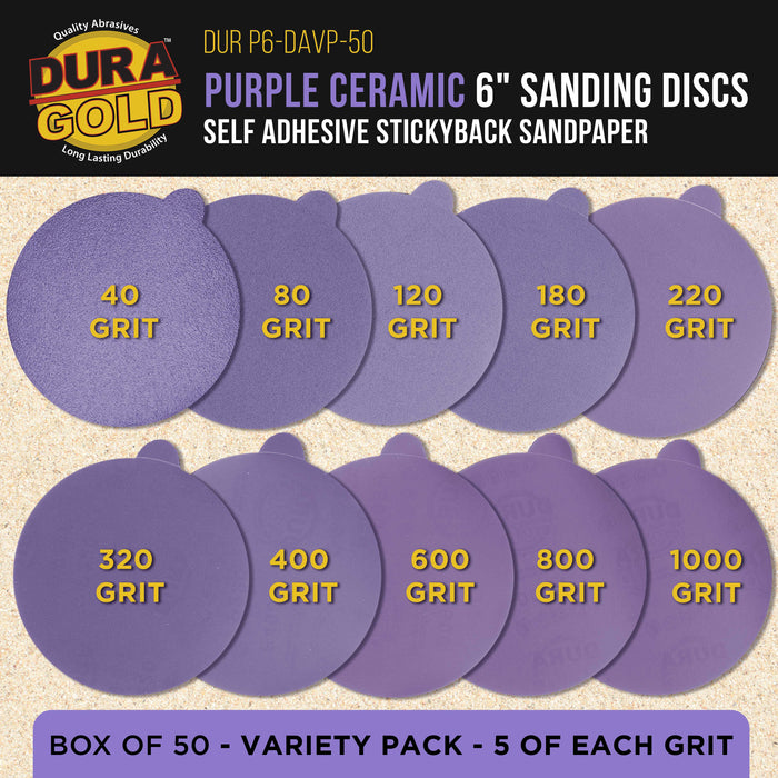 Premium 6" PSA Purple Film Ceramic Sanding Discs, 50 Disc Variety Pack, Grits 60, 80, 120, 180, 220, 320, 400, 600, 800, 1000 - Self Adhesive Stickyback Sandpaper, DA & Random Orbital Sander