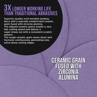 Premium 100 Grit 6" Purple Film Ceramic Sanding Discs, Box of 50 - Hook & Loop Backing Sandpaper for DA & Random Orbital Sanders