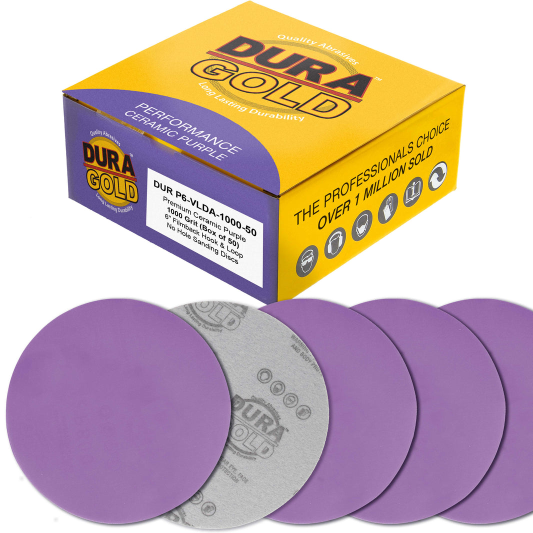 Premium 1000 Grit 6" Purple Film Ceramic Sanding Discs, Box of 50 - Hook & Loop Backing Sandpaper for DA & Random Orbital Sanders