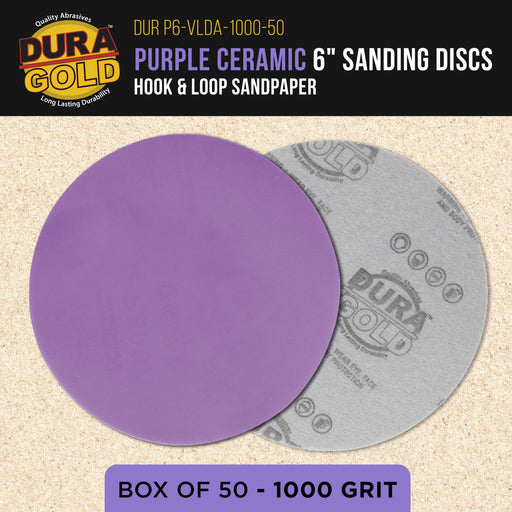 Premium 1000 Grit 6" Purple Film Ceramic Sanding Discs, Box of 50 - Hook & Loop Backing Sandpaper for DA & Random Orbital Sanders - Car Detail Color Sanding Auto Paint, Sand Wood Woodworking