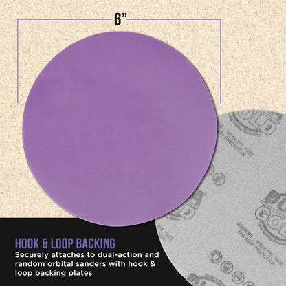 Premium 1000 Grit 6" Purple Film Ceramic Sanding Discs, Box of 50 - Hook & Loop Backing Sandpaper for DA & Random Orbital Sanders