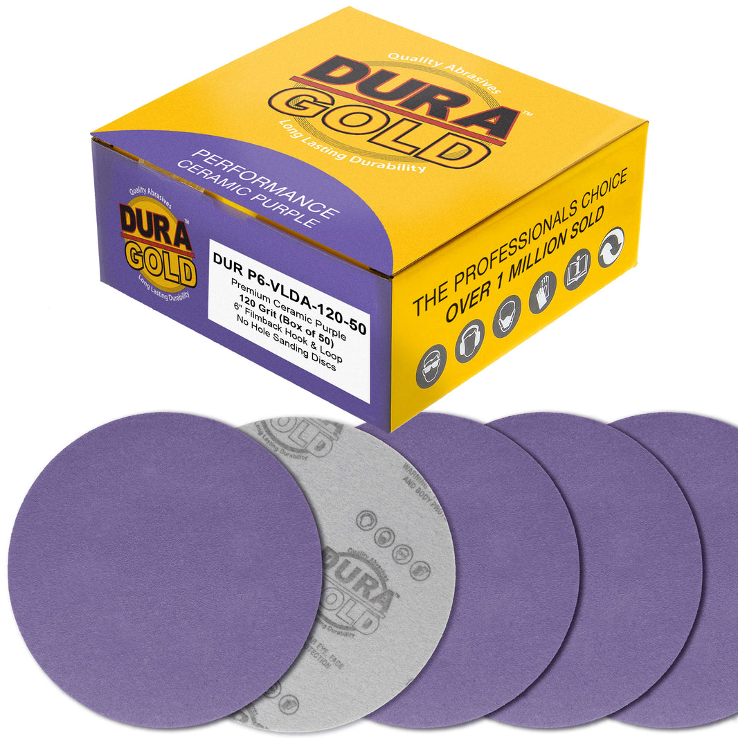 Premium 120 Grit 6" Purple Film Ceramic Sanding Discs, Box of 50 - Hook & Loop Backing Sandpaper for DA & Random Orbital Sanders