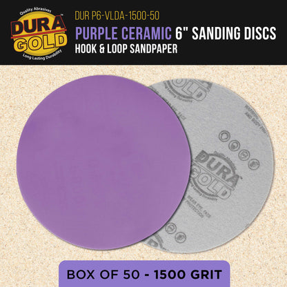 Premium 1500 Grit 6" Purple Film Ceramic Sanding Discs, Box of 50 - Hook & Loop Backing Sandpaper for DA & Random Orbital Sanders