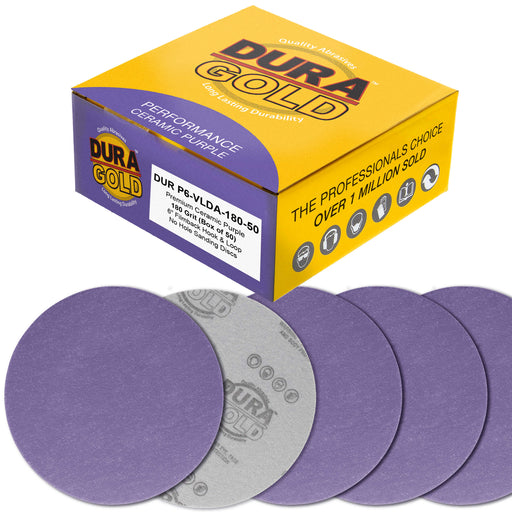 Premium 180 Grit 6" Purple Film Ceramic Sanding Discs, Box of 50 - Hook & Loop Backing Sandpaper for DA & Random Orbital Sanders - Fast Sharp-Cut Abrasive, Sand Auto Paint, Wood, Woodworking