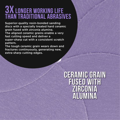 Premium 180 Grit 6" Purple Film Ceramic Sanding Discs, Box of 50 - Hook & Loop Backing Sandpaper for DA & Random Orbital Sanders