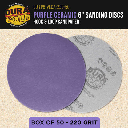 Premium 220 Grit 6" Purple Film Ceramic Sanding Discs, Box of 50 - Hook & Loop Backing Sandpaper for DA & Random Orbital Sanders