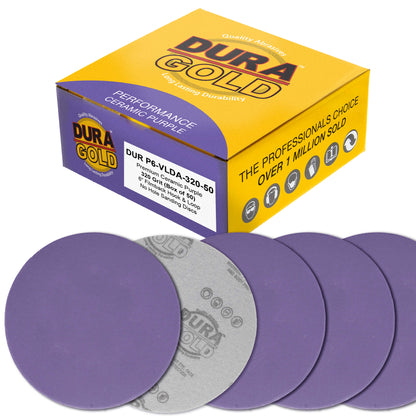 Premium 320 Grit 6" Purple Film Ceramic Sanding Discs, Box of 50 - Hook & Loop Backing Sandpaper for DA & Random Orbital Sanders