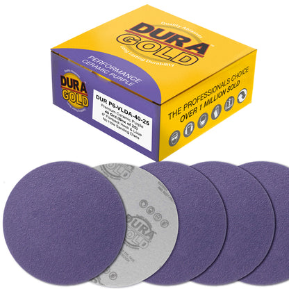 Premium 40 Grit 6" Purple Film Ceramic Sanding Discs, Box of 25 - Hook & Loop Backing Sandpaper for DA & Random Orbital Sanders