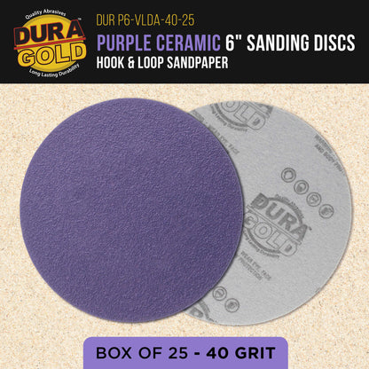 Premium 40 Grit 6" Purple Film Ceramic Sanding Discs, Box of 25 - Hook & Loop Backing Sandpaper for DA & Random Orbital Sanders
