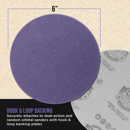 Premium 40 Grit 6" Purple Film Ceramic Sanding Discs, Box of 25 - Hook & Loop Backing Sandpaper for DA & Random Orbital Sanders