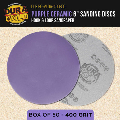 Premium 400 Grit 6" Purple Film Ceramic Sanding Discs, Box of 50 - Hook & Loop Backing Sandpaper for DA & Random Orbital Sanders
