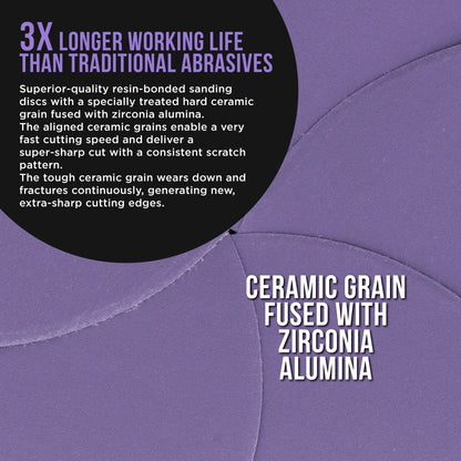 Premium 400 Grit 6" Purple Film Ceramic Sanding Discs, Box of 50 - Hook & Loop Backing Sandpaper for DA & Random Orbital Sanders